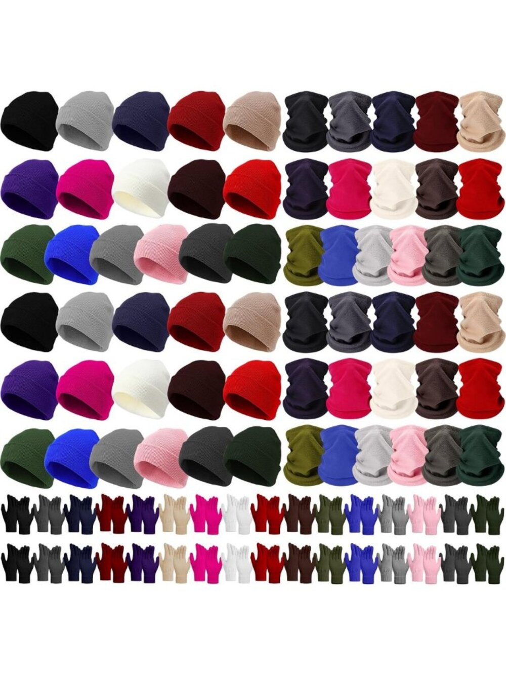 96 Pcs Winter Beanie, Gloves & Scarf Set - Knit Skull Cap & Fleece Neck Warmer